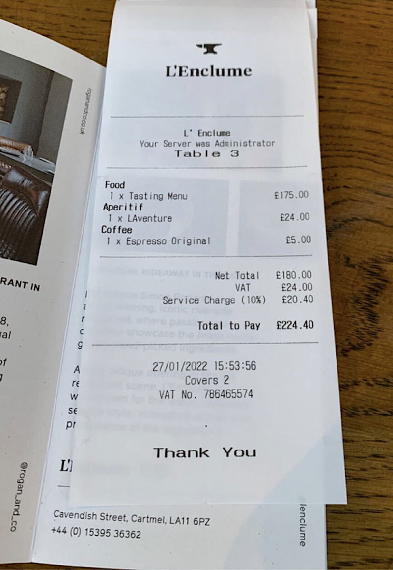 Lenclume Review Receipt January 2022